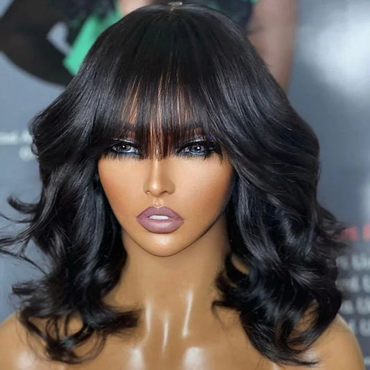 Glueless Body Wave Bob Wig with Bangs | Ready-to-Go Full Machine Made Brazilian Remy Human Hair Wigs for Women Luxegan