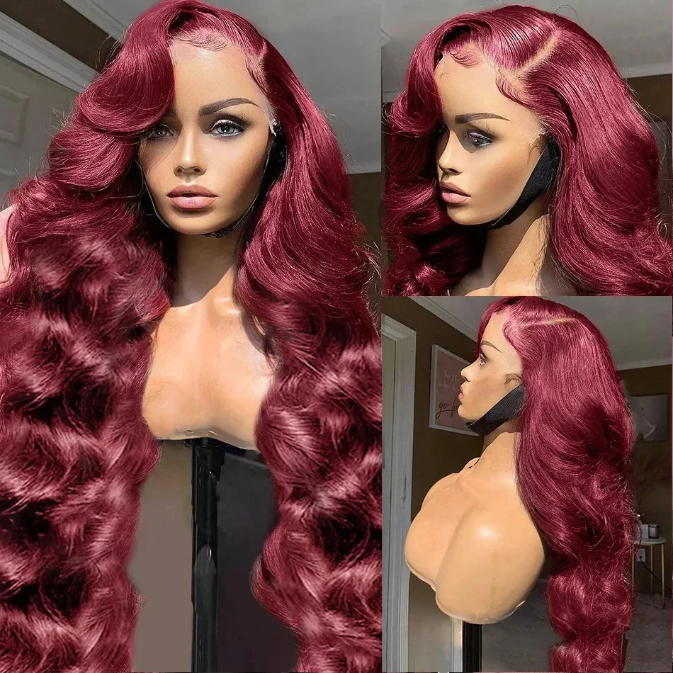 200% Density 99J Burgundy Lace Front Human Hair Wig 13x6 Body Wave Brazilian Remy Deep Part On Sale