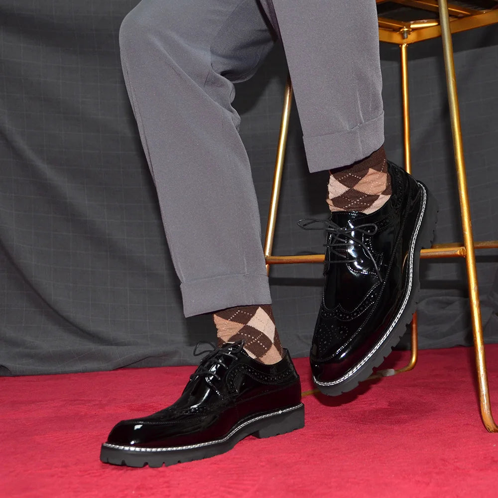 Luxury Men's Black Patent Leather Wingtip Brogue Oxfords | Thick Sole Formal Dress Derby Shoes (Height Increasing) Luxegan