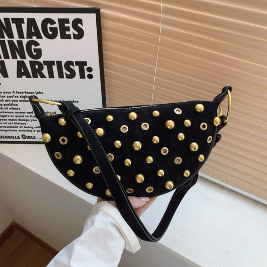 Women's Branded Half-Moon Shoulder Bag | Premium Faux Suede Crossbody Hobo Bag | Latest Designer Handbags Luxury | Soft Dot-Patterned Underarm Purse with Hollow-Out Rivet Decor Luxegan
