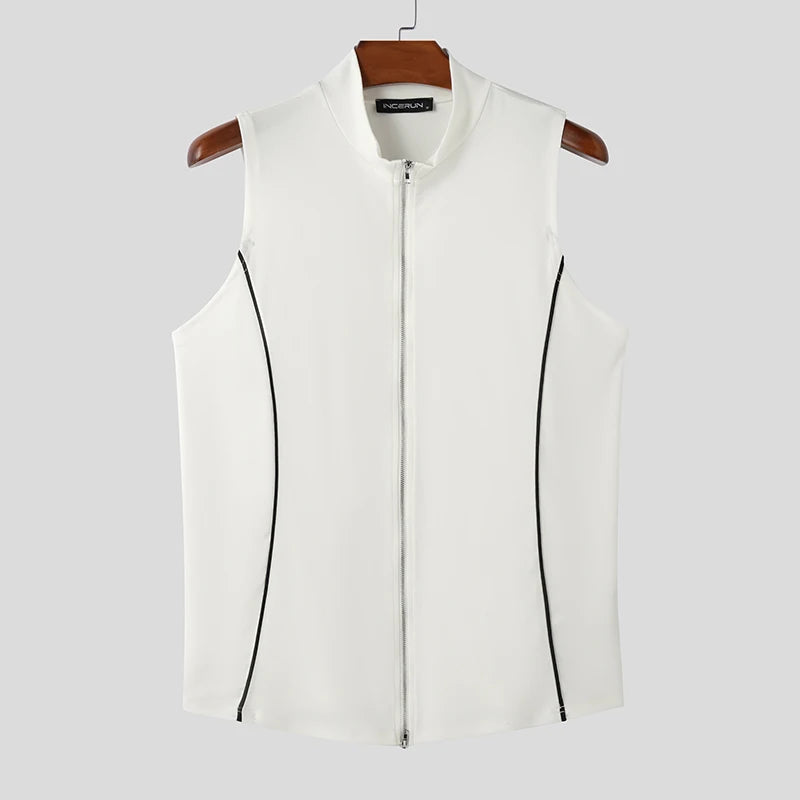 Splicing Line Deconstruction Design Vest | Sophisticated Zipper Detail Tank Top | Elegant "Spring and Summer" Streetwear Silhouette | "Dignified" Solid Broadcloth Top for Radiant Versatile Styling Luxegan