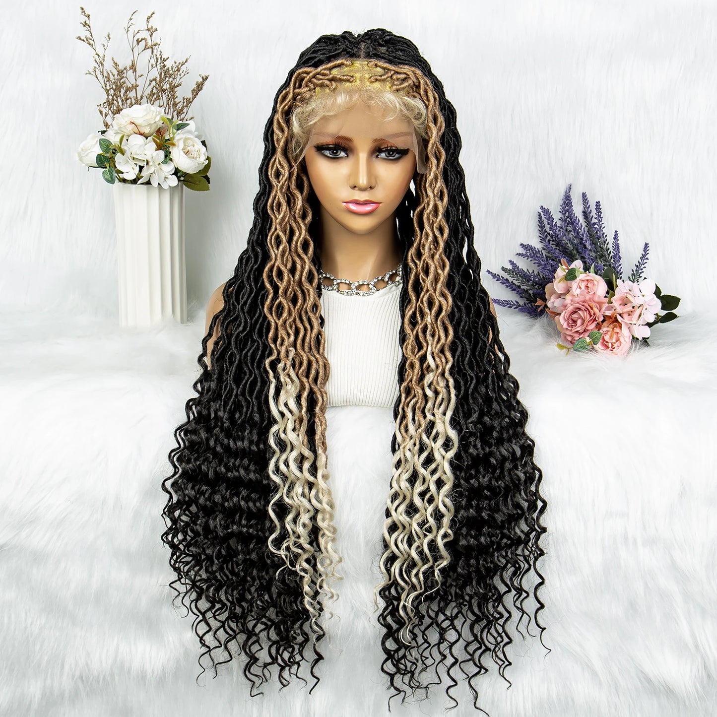 Cornrow Box Braids & Dreadlock Wig | 9x6 Lace Front | Curly Ends | Knotless Braids | Synthetic Hair