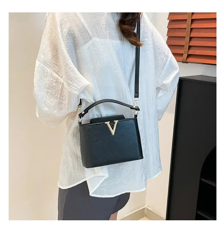 Luxury V-Shaped Women's Tote Bag | Chic PU Leather Bucket Handbag | Stylish Sequined Shoulder & Crossbody Bag | Fashionable Top Cover Purse with Interior Compartments Luxegan