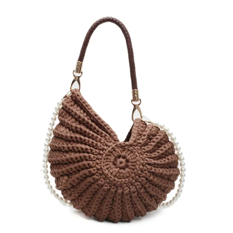 Crochet Conch Shell Bag | Elegant Pearl Chain Crossbody Purse Luxegan