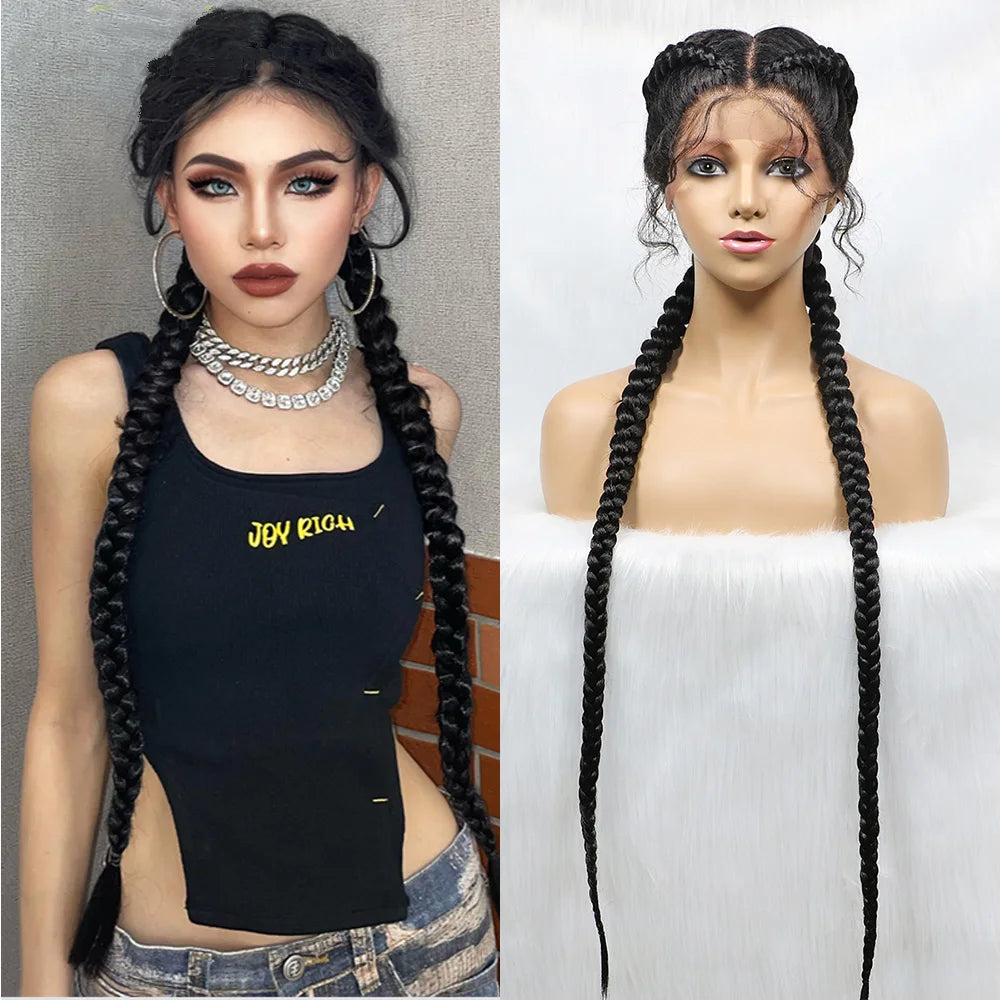 Handmade Double Dutch Cornrow Braided Wig | Natural Black Lace Front | Baby Hair | Kanekalon Synthetic Wig for Women Luxegan
