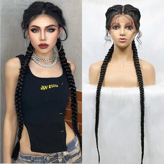 Handmade Double Dutch Cornrow Braided Wig | Natural Black Lace Front | Baby Hair | Kanekalon Synthetic Wig for Women Luxegan