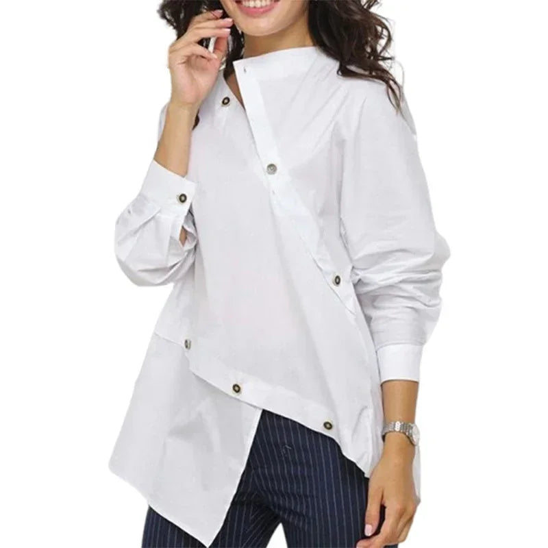 Asymmetric Button Split-Joint Summer T-Shirt | Sophisticated Solid White Long Sleeve Silhouette | Elegant "Loose Fit" Casual Gown | "Dignified" Tat-Woven Blended Fabric for Radiant Versatile Styling Luxegan