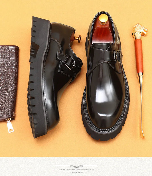 British Casual Genuine Leather Derby Shoes | Sophisticated Thick-Soled Formal Footwear | Elegant "Patent Cowhide" Silhouette | "Dignified" Slip-On Oxford-Style Shoes for Radiant Versatile Office & Career Styling Luxegan