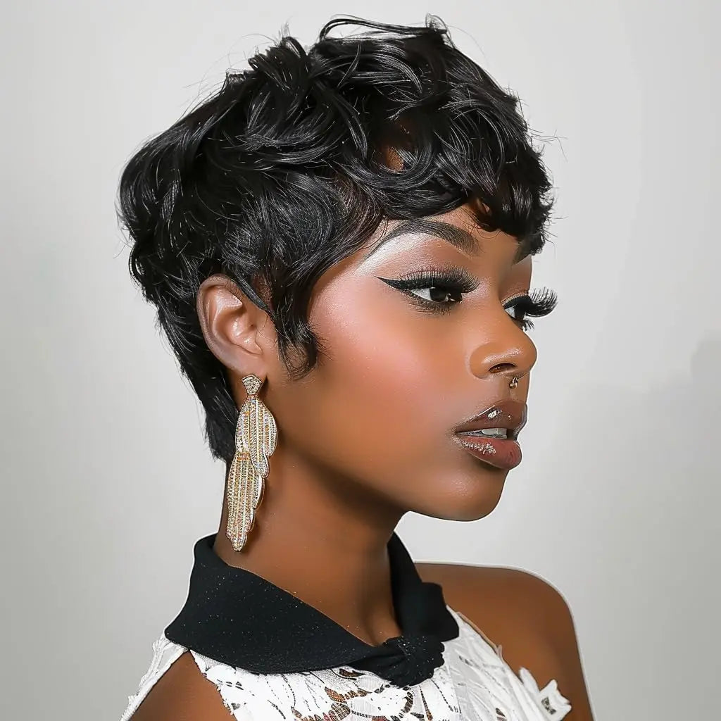 Black Women's Short Curly Elf Wig | Natural Wave Synthetic Wig (Black Color, Layered Elf Cut, Daily Use) Luxegan