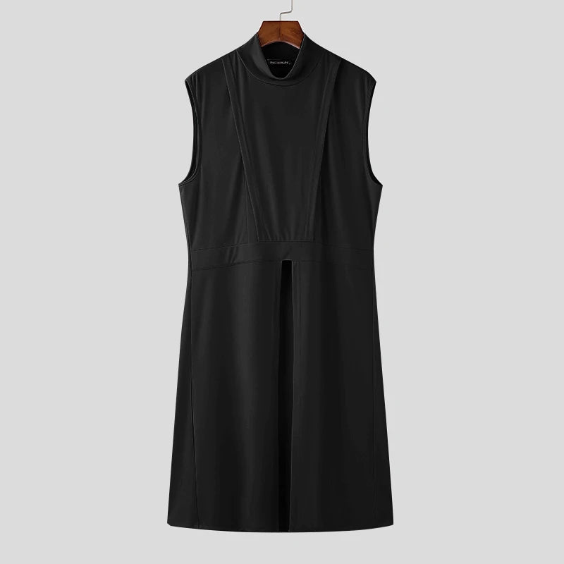 Deconstruction Semi-High Neck Tank Top | Sophisticated City Walk Sleeveless Silhouette | Elegant "Long-Style" Solid Vest | "Dignified" Jersey Knit Streetwear for Radiant Versatile Styling Luxegan