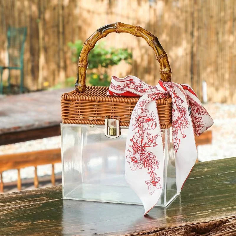 Transparent Acrylic Patterned Square Box Bag | Handmade Bamboo Woven Handheld Bag | Luxury Fashion Holiday Beach Handbag & Vacation Clutch Luxegan
