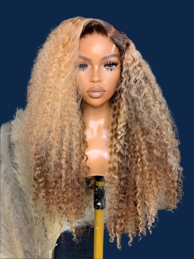 Ombre Honey Blonde Kinky Curly Lace Front Wig | Brown Roots | 13x6 Transparent Lace