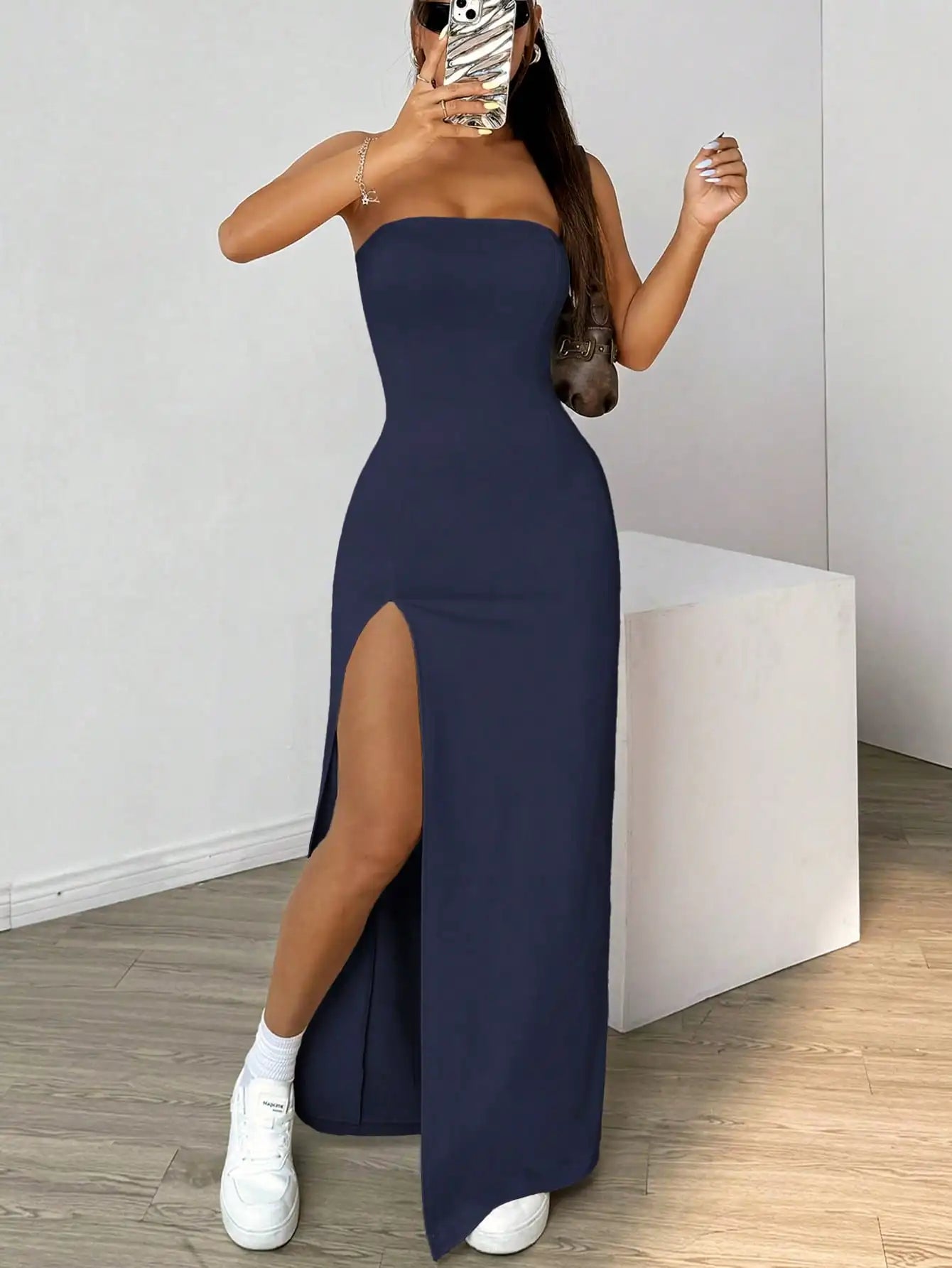 Elegant Ladies Solid Strapless Camisole Long Dress | Slim-Fit Slit Ankle-Length Chest-Wrapping Gown | Simple All-Season Basic Polyester A-Line Dress Luxegan