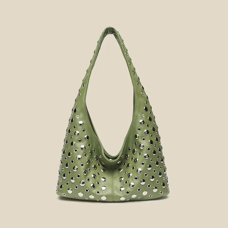 Women's New Round Dot Rivet Handbag | Fashion Solid Color Bucket Bag | Premium PU Leather Underarm Shoulder Tote | Versatile Unisex Fashion Bag Model 8699 with Polyester Lining Luxegan