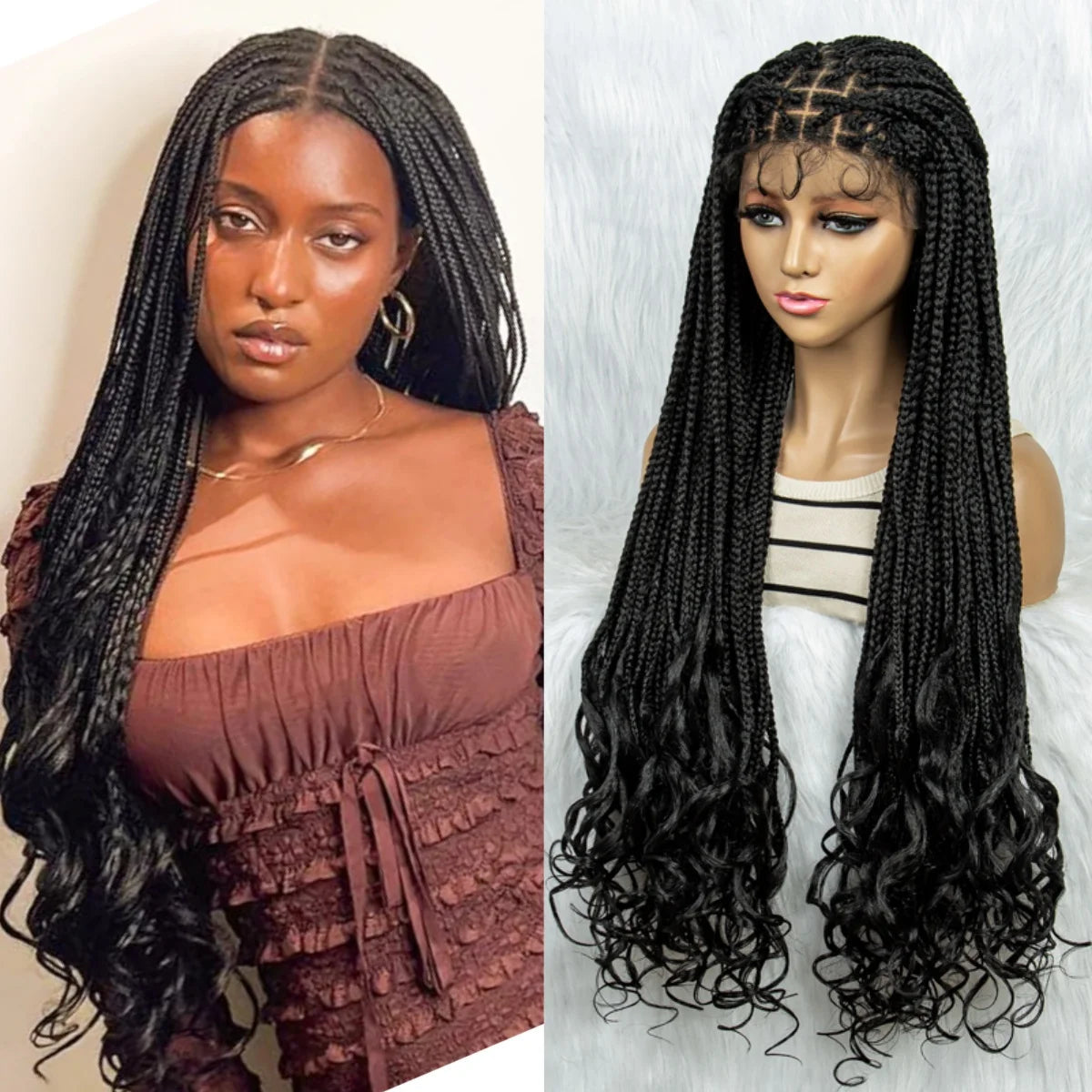 36 Inch Synthetic Braided Wigs Knotless Boho Braided Lace Wigs with Curly Ends Lace Front Braiding Hair Wig for Black Women Luxegan