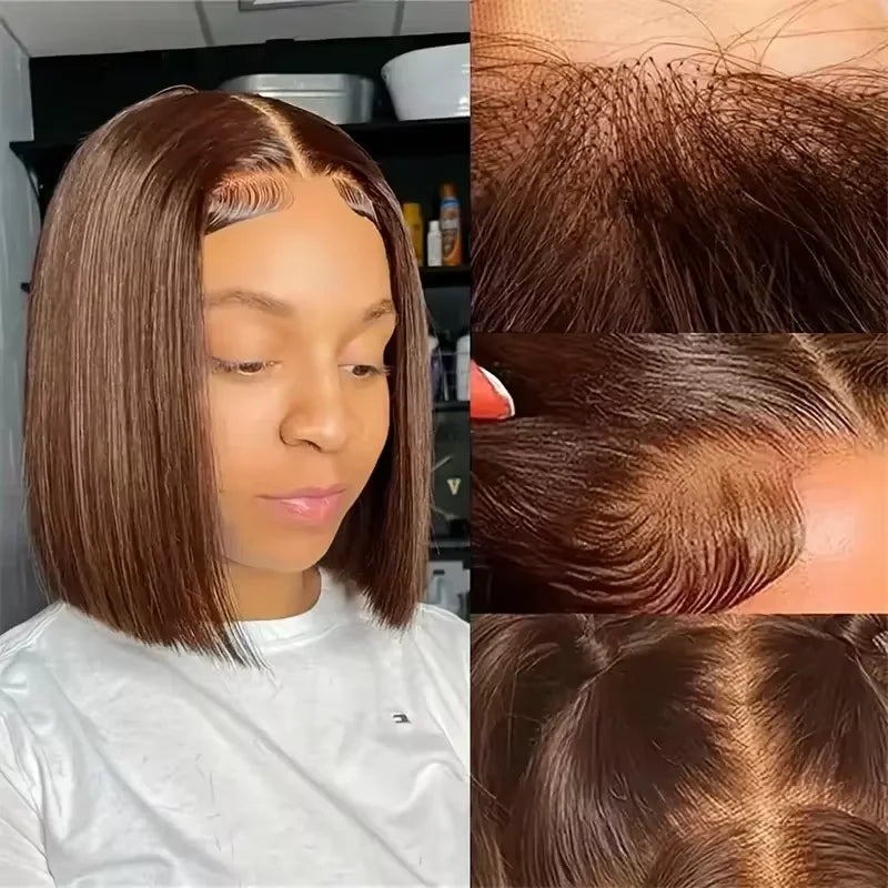 #4 Chocolate Brown Straight Bob Wig | Sophisticated 200% Density HD Transparent Lace Frontal | Elegant "Short Bob" Silhouette | "Dignified" Pre-Plucked Brazilian Remy Human Hair for Radiant Versatile Styling Luxegan