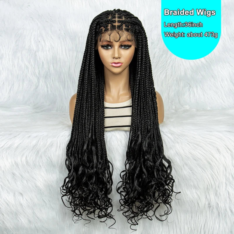 36 Inch Synthetic Braided Wigs Knotless Boho Braided Lace Wigs with Curly Ends Lace Front Braiding Hair Wig for Black Women Luxegan