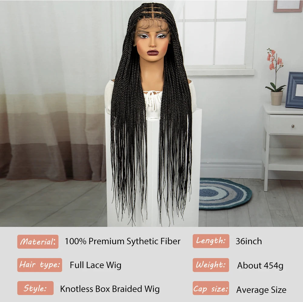 36" Knotless Box Braids Wig | Transparent Full Lace | Baby Hair Luxegan