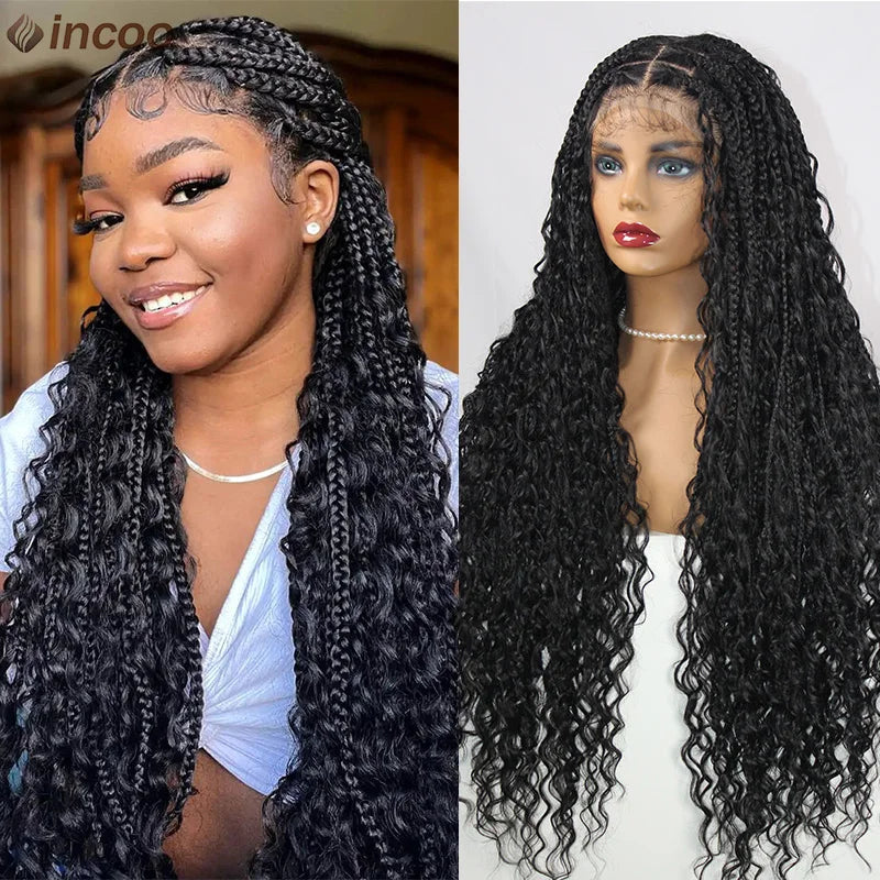 Long 32 Boho Braided Full Lace Front Wigs Synthetic Blonde Curly Goddess Locs Cornrows Wigs Pre Plucked Baby Hair Box Braids Wig Luxegan