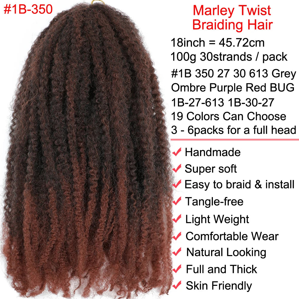 18" Marley Twist Braiding Hair | Crochet Braids | Afro Twist Kinky Hair Extensions | Ombre Colors | 30 Strands/Pack