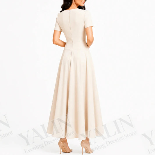 Ruched Draped A-Line Prom Dress | O-Neck Short Sleeve Tea-Length Evening Gown - view 2