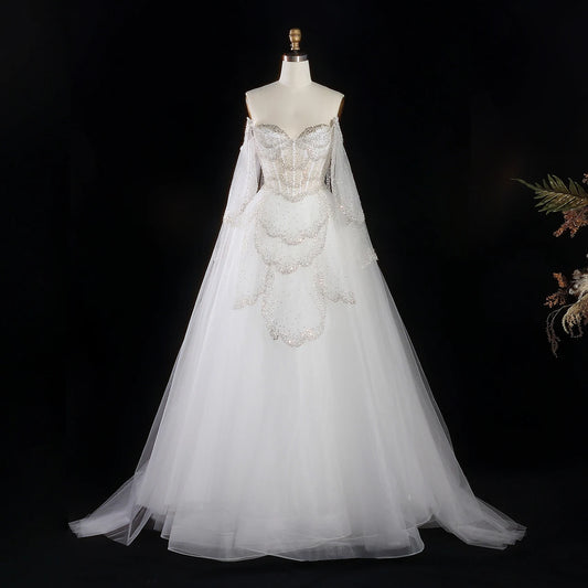 Off-Shoulder Sage Green Evening Gown | Fluid Cape-Sleeve Luxury Gala Dress | Sparkling Crystal Beading Floor-Length A-Line Gown Luxegan