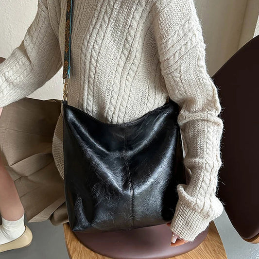 Vintage Solid Color Bucket Bag | Sophisticated High-Capacity Shoulder Sling | Elegant Simple Wide-Strap Crossbody | "Dignified" Soft PU Leather Tote for Versatile Daily Styling Luxegan