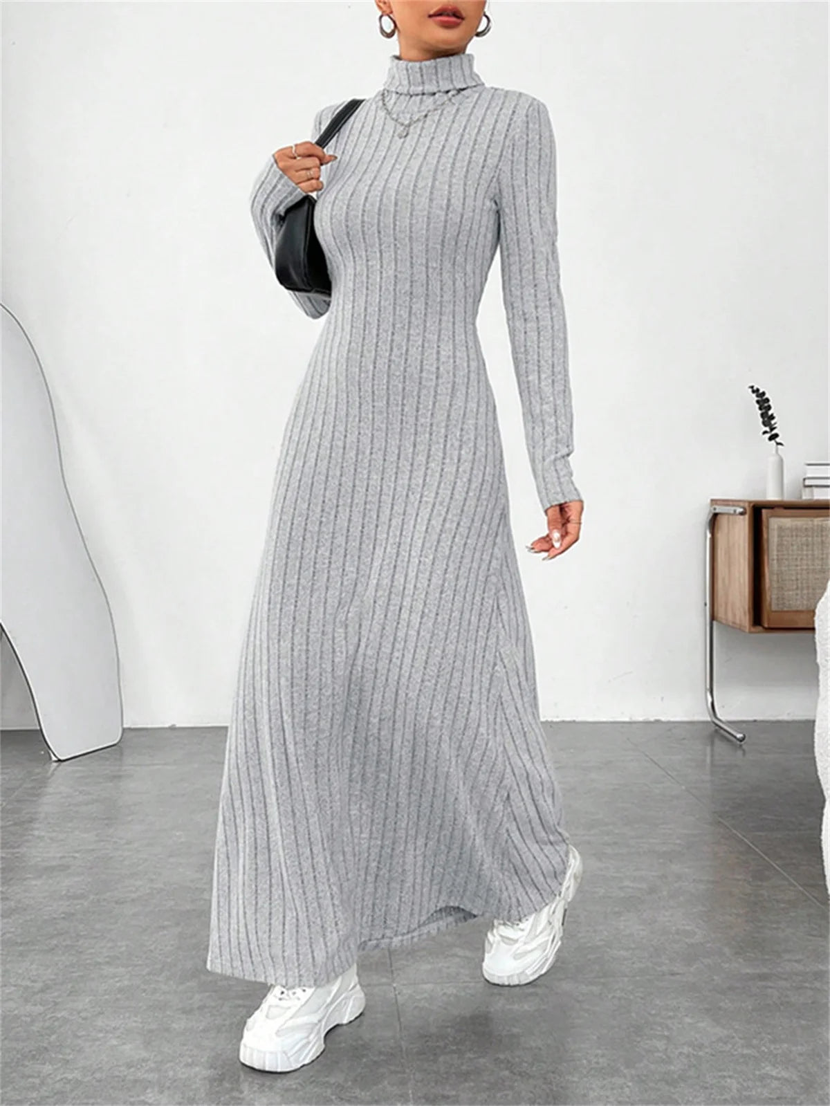 Vintage Knitted Turtleneck Long Dress | Sophisticated Slim Fit Ankle-Length Straight Gown | Elegant "Full Sleeve" Silhouette | "Dignified" Street Fashion Pullover Dress for Radiant Versatile Autumn & Winter Styling Luxegan