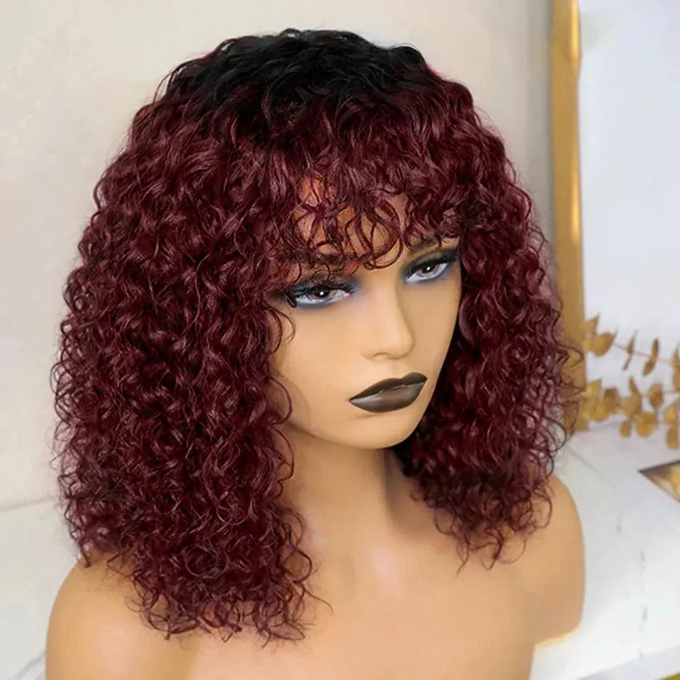 Rebecca 180% Density Highlight Kinky Curly Bob Wig with Bangs | Short Human Hair Full Machine Made Luxegan