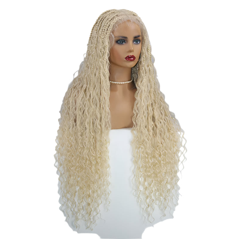 32" Box Braided Wig with Boho Curls - Knotless Braids, Cornrow Style, Lace Front Wig for Black Women (Natural Black)