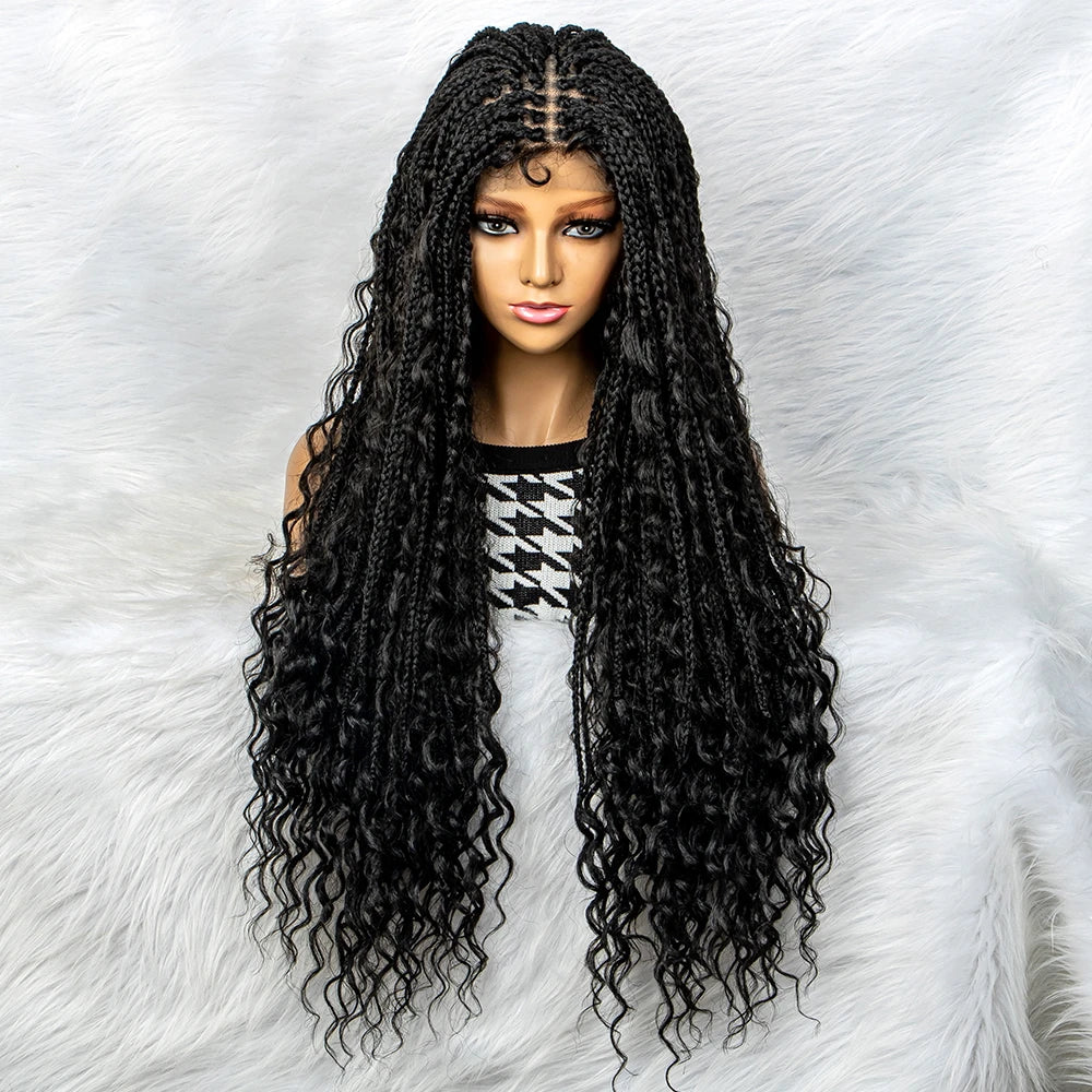 Curly End Box Braids Lace Frontal Wig with Baby Hair | Synthetic Full Lace Braided Wig for Black Women Luxegan