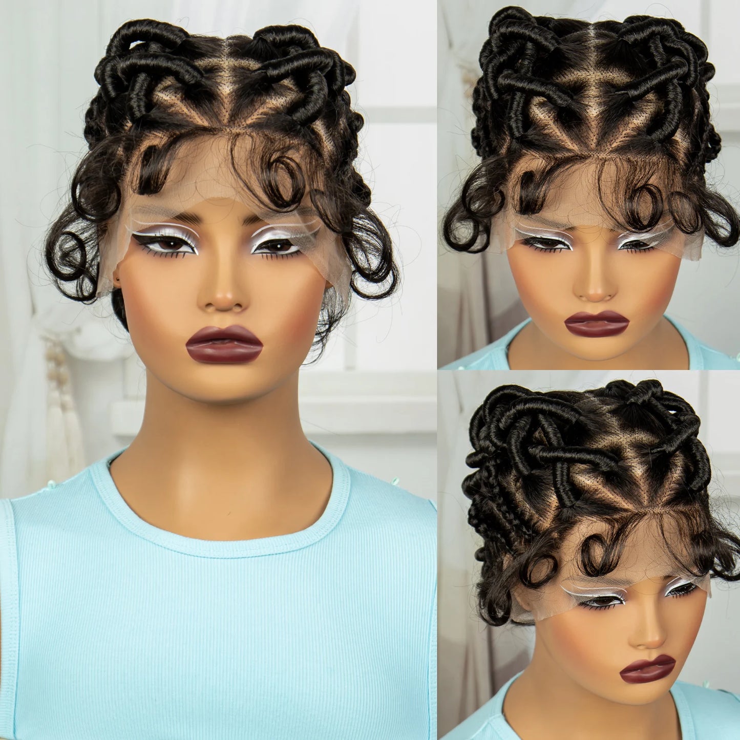 Burgundy Full Lace Synthetic Braided Wig | Knotless Box Braids & Bantu Knots | Lace Front Wig with Baby Hair for Black Women