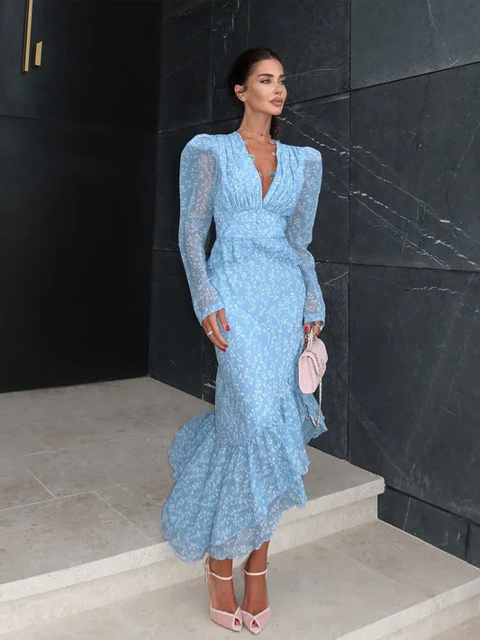 Deep V-Neck Flutter Sleeve Pleated High Waist Floral Print Slim Ankle-Length Maxi Dress | Elegant - view 2