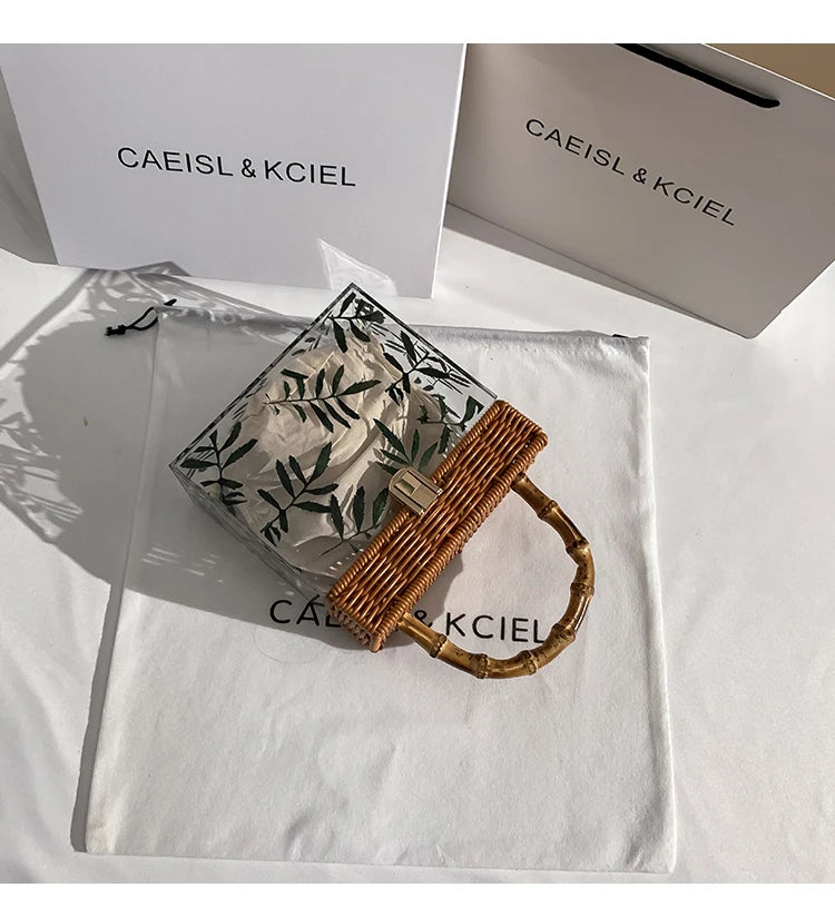 Transparent Acrylic Patterned Square Box Bag | Handmade Bamboo Woven Handheld Bag | Luxury Fashion Holiday Beach Handbag & Vacation Clutch Luxegan