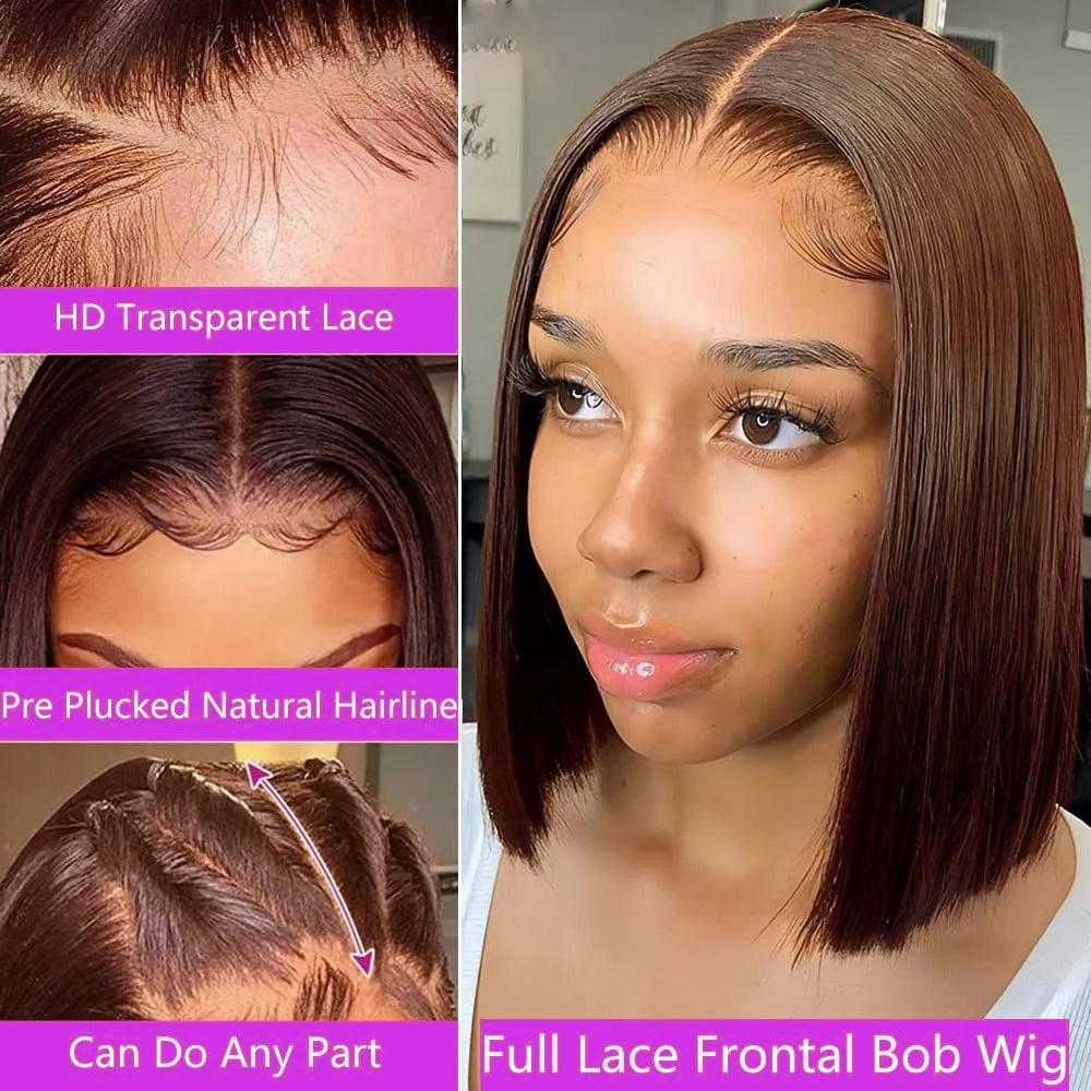 Vietnamese Straight Double Drawn Bob Wig | Sophisticated Chocolate Brown 100% Human Hair | Elegant "13x4 Full Lace Frontal" Silhouette | "Dignified" Transparent Swiss Lace for Radiant Versatile Styling Luxegan