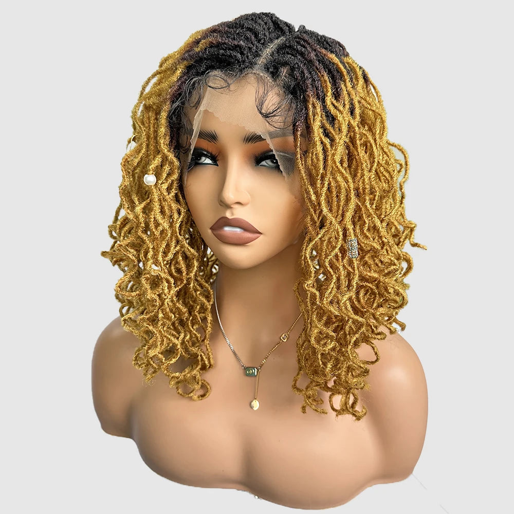 Synthetic 4x4 Lace Front Braid Wig 14inch Curly Faux Locs Dark Burgundy Large Parting Space Twist Dreadlock Wigs for Black Women Luxegan