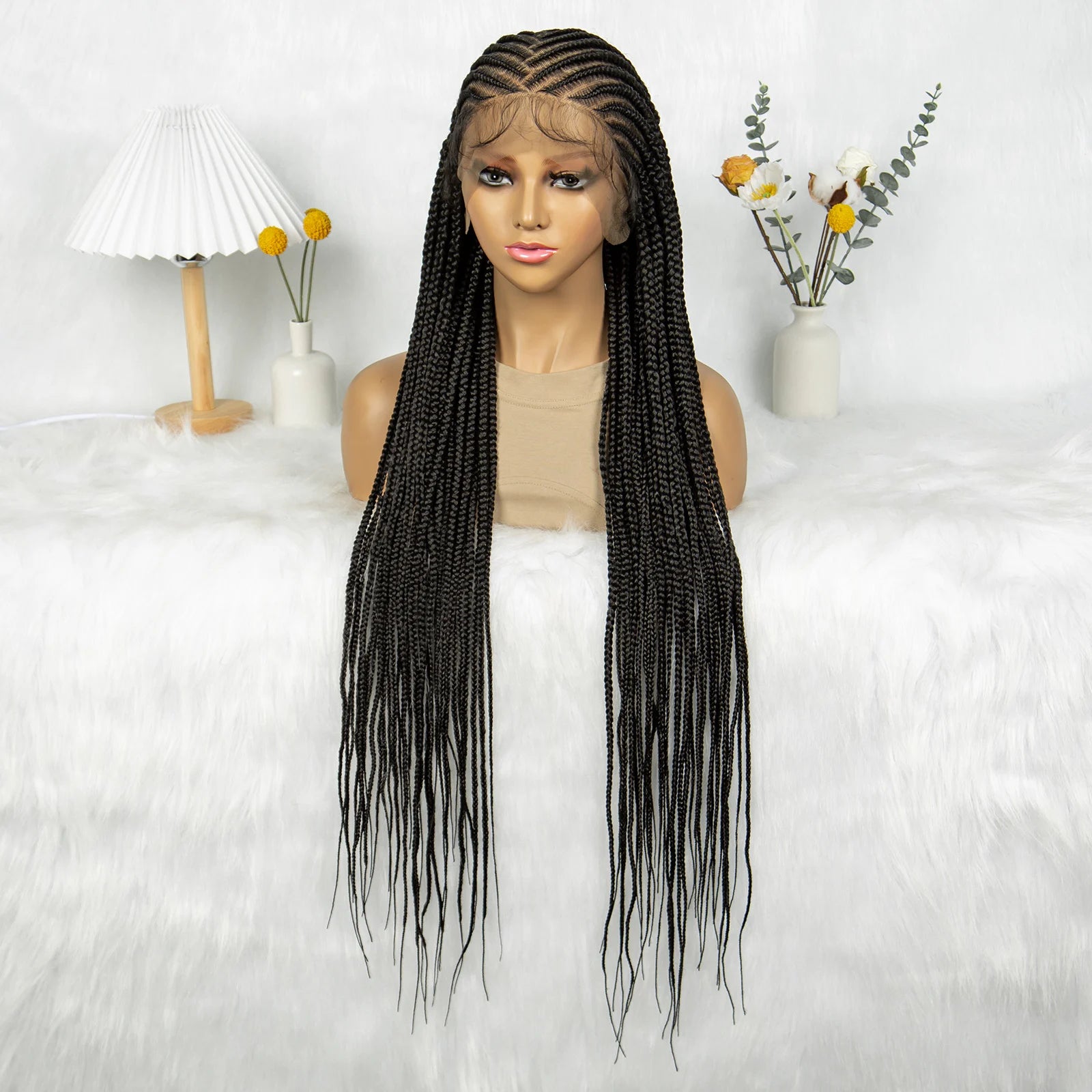 36" Cornrow Braided Full Lace Wig | Knotless Box Braids | Baby Hair | Synthetic Braiding Wig for Black Women