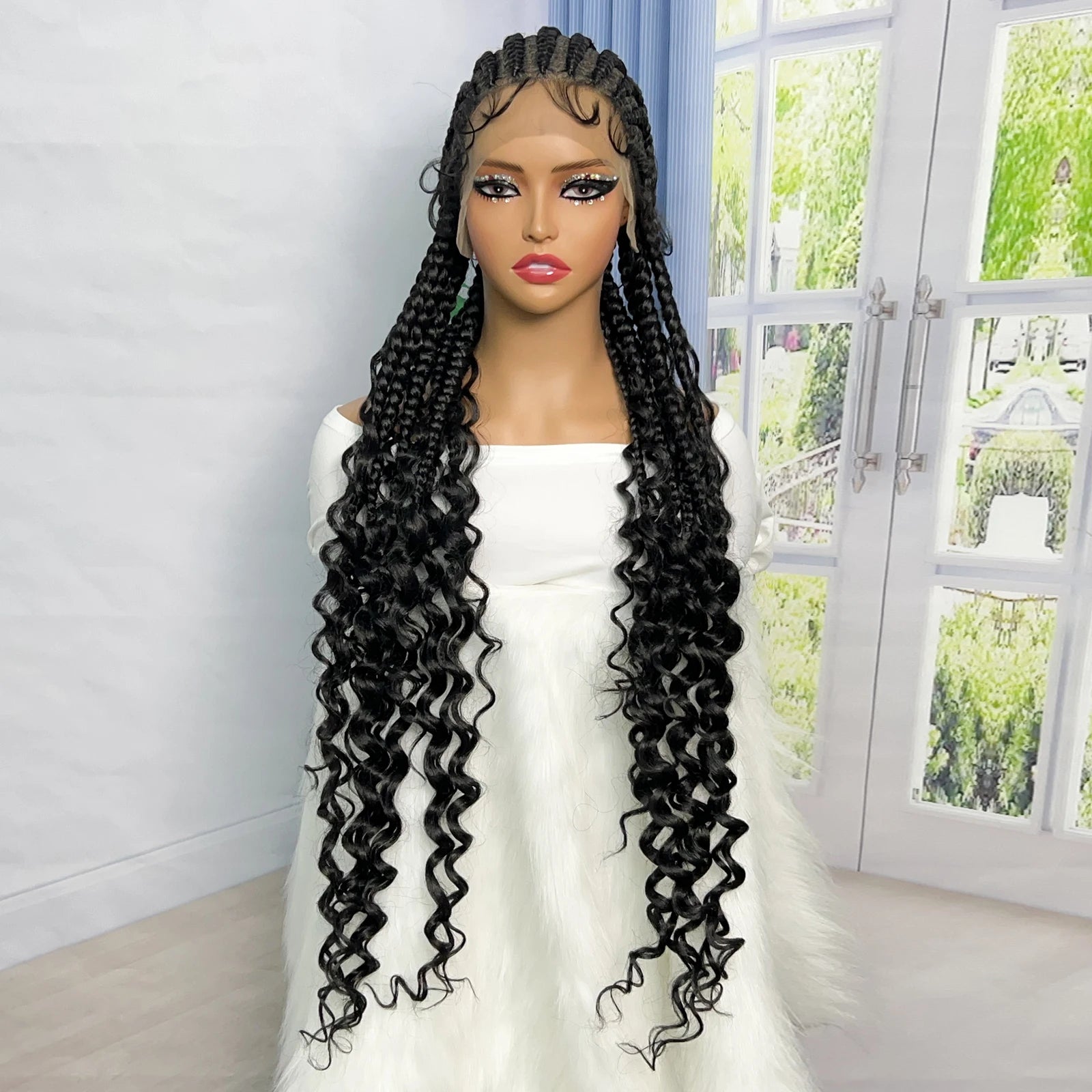 36" Cornrow Braids Wig with Curly Ends | Transparent Full Lace | Baby Hair Luxegan