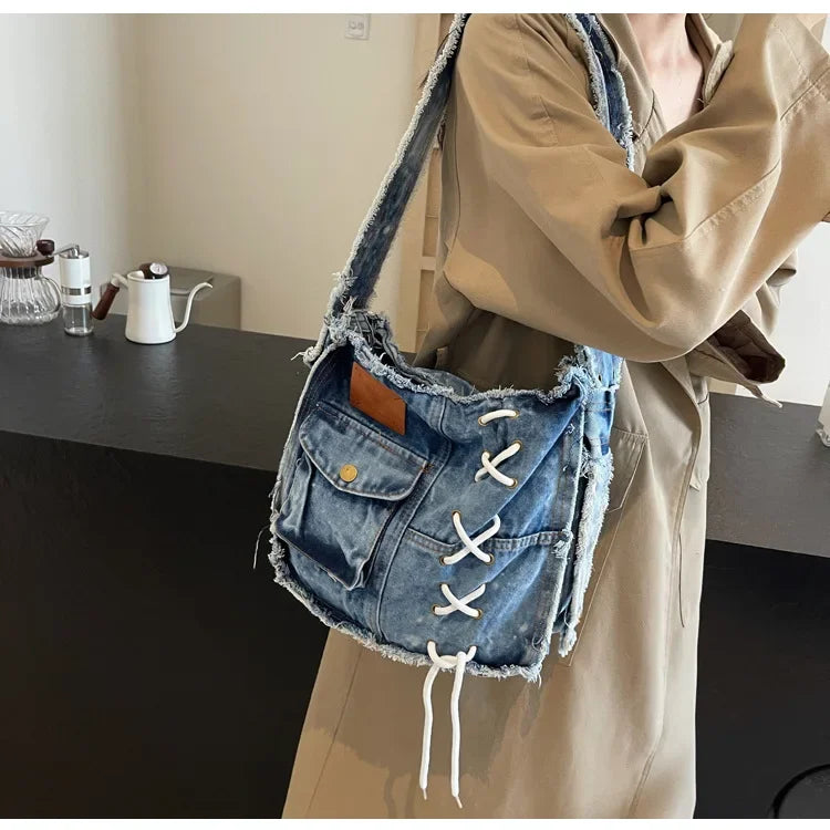 Washed Denim Shoulder Bag for Women Handbags | Large Capacity Female Messenger Bags | Soft Jeans Casual Big Totes Shopping Bag Luxegan