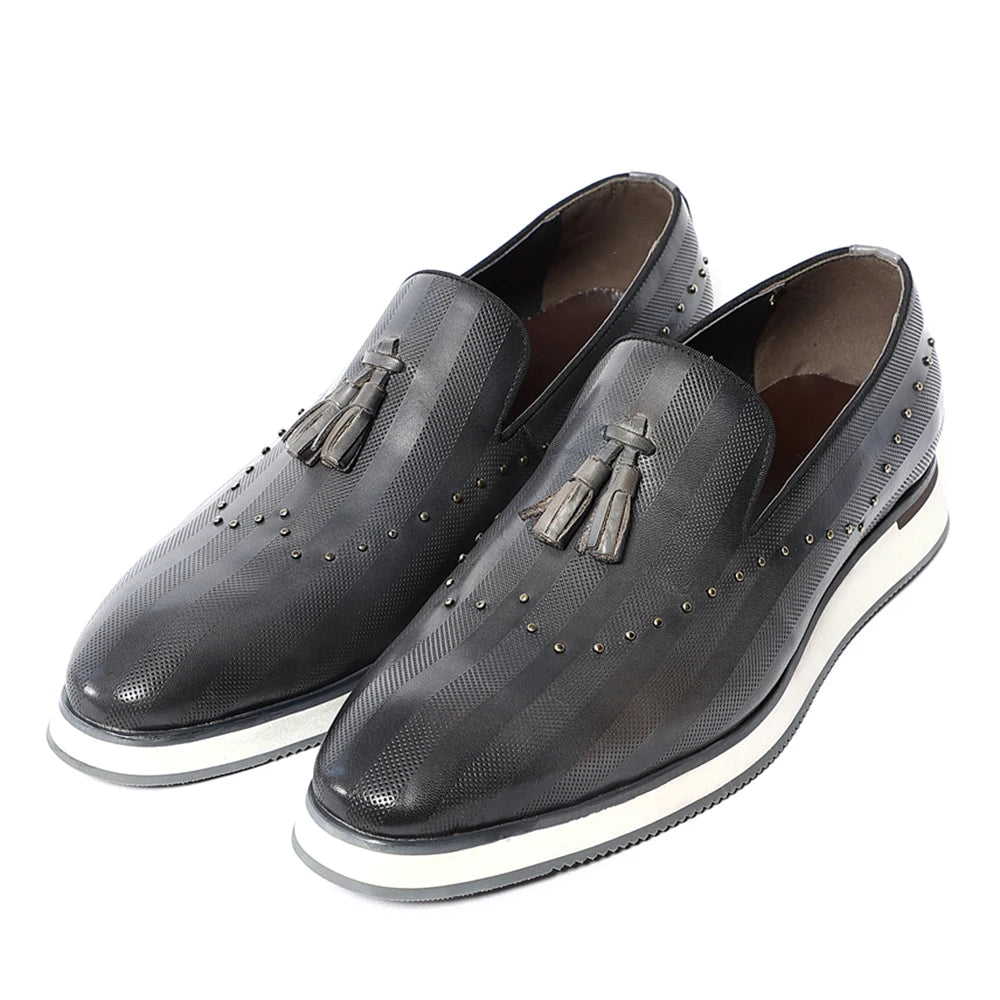 Top Grade Luxury Men's Genuine Leather Loafers | Original Stripe Rivets & Tassel Casual Flat Shoes Luxegan