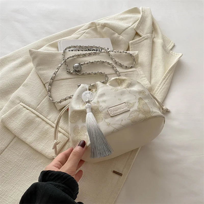 Polyester Chinese Style Pleated Bucket Bag | Soft Single-Strap Crossbody Luxegan