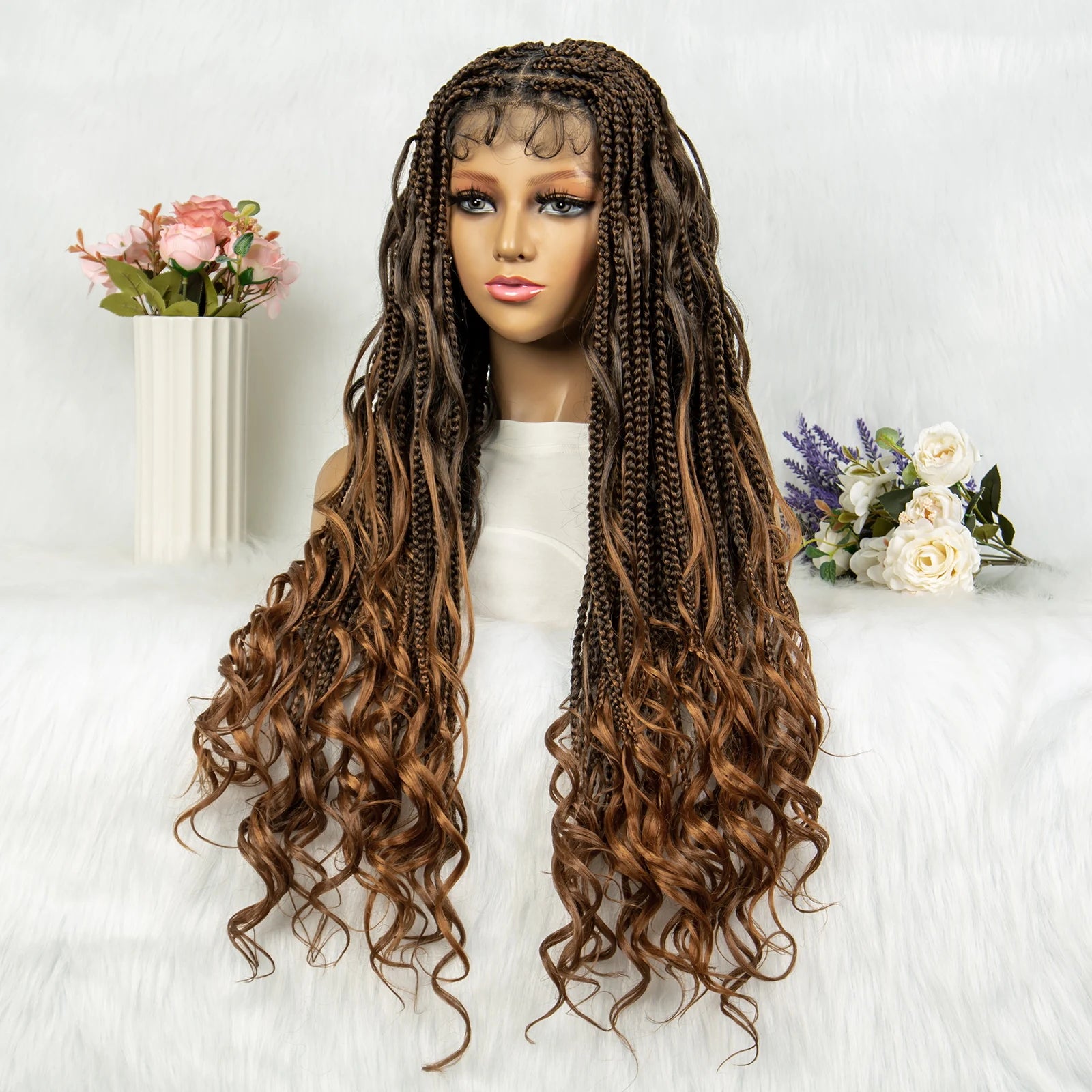 34" Full Lace Knotless Braided Wig with Baby Hair | Synthetic Lace Front Wig for Black Women | Long Braids Luxegan