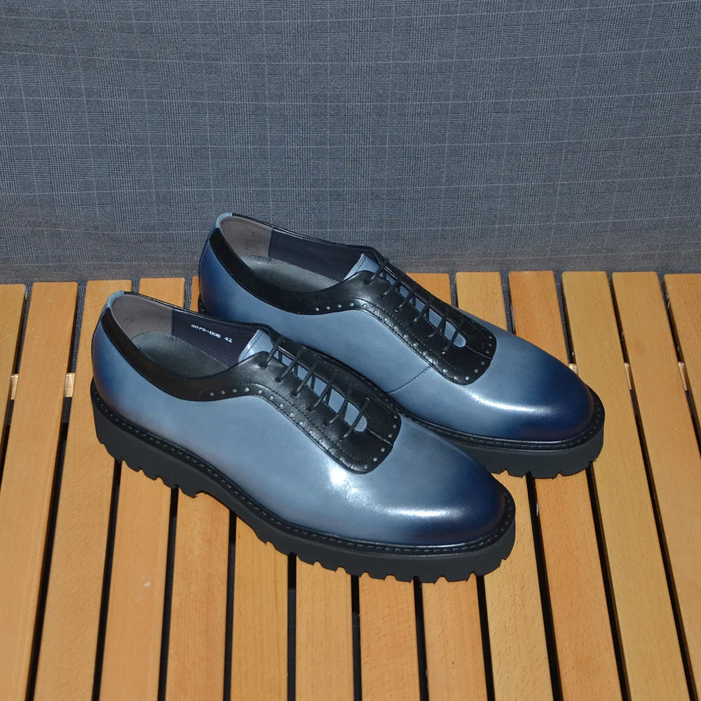 Designer Luxury Platform Oxfords for Men | Cow Suede Genuine Leather Black & Blue Casual Sneakers (Height Increasing) Luxegan