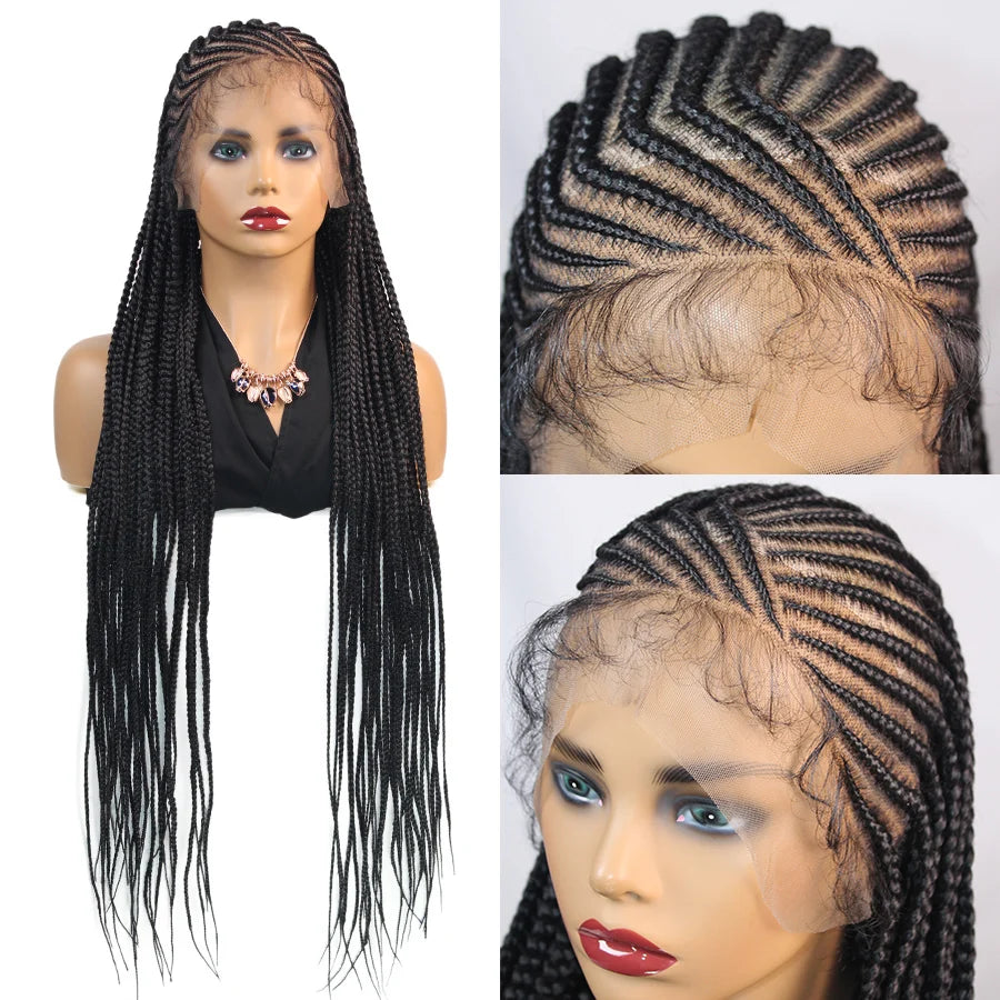 36" Boho Knotless Box Braids Wig | Full Lace | Cornrows & Curly Ends | Synthetic Braided Wig - Luxegan