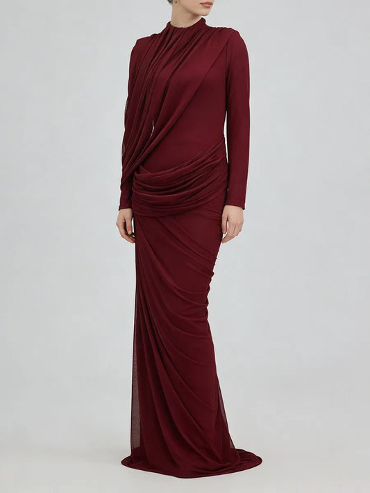 Shirring Spliced Irregular Hem Maxi Dress | Stand Neck Long Sleeve Slim Sheath Dress - view 2