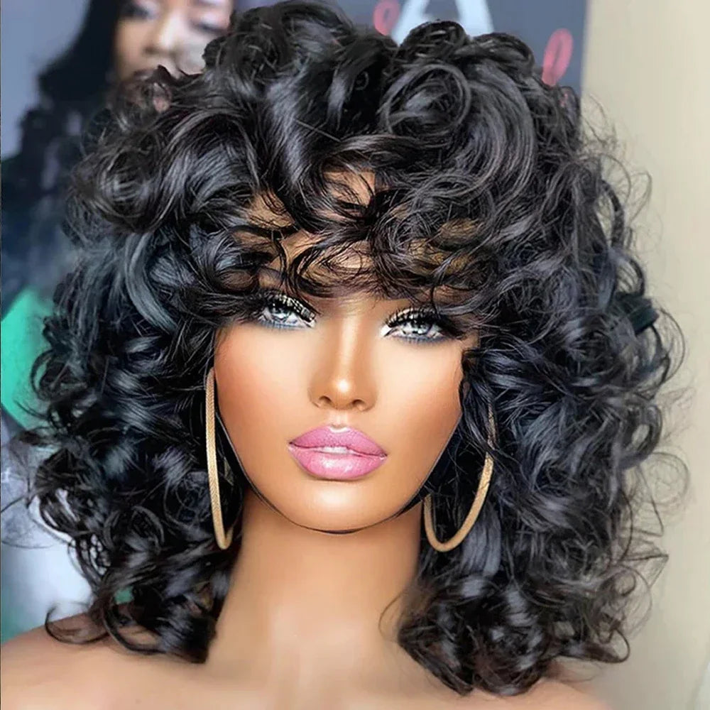 Short Bouncy Curly Bob Wig with Bangs | Glueless Human Hair Wig | Brazilian Remy Hair