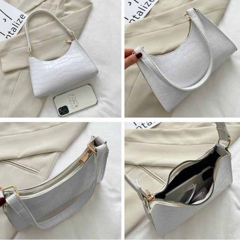 Retro Fashion Women’s Baguette | Sophisticated Crocodile-Pattern Shoulder Bag | Elegant Solid-Color Leather Chain Handbag | "Dignified" Soft TPU Tote for Versatile Daily Styling Luxegan