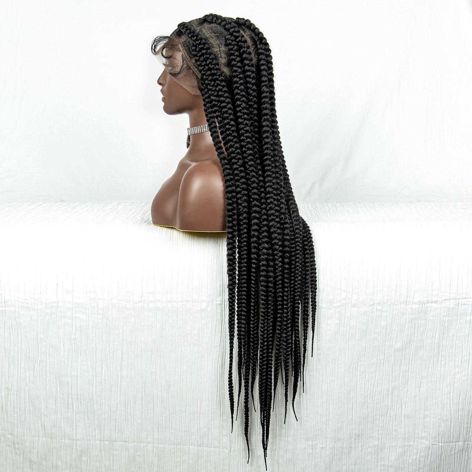 34" Jumbo Box Braids Wig | Full Lace | Cornrow Accents | Natural Color | Kanekalon Luxegan