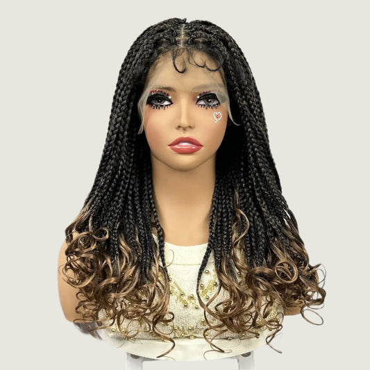 Ombre Knotless Box Braided Wig with Wavy Ends - Lace Front Braided Wig with Baby Hair for Black Women