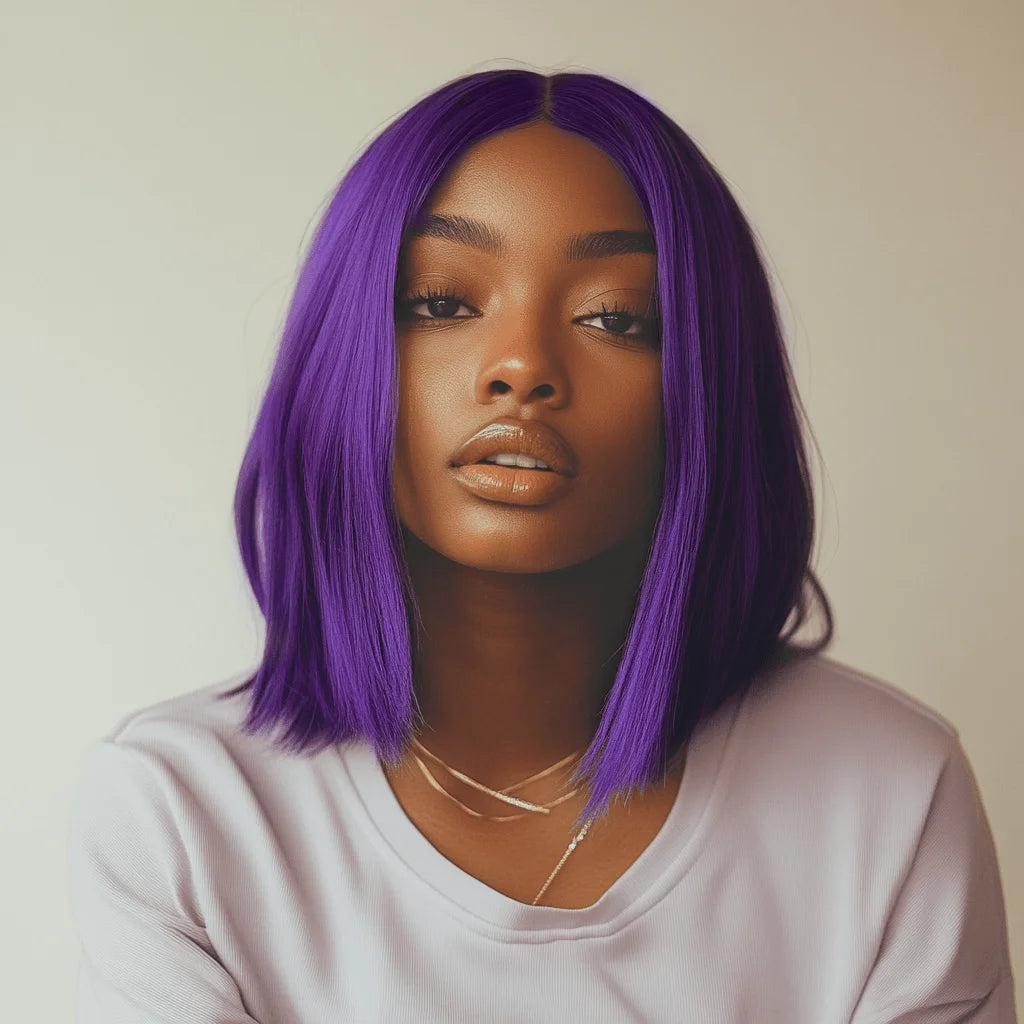 Purple Straight Bob Wig | 13x5x1 Brazilian Human Hair Lace Part with 180% Density (Party Style, Remy) Luxegan